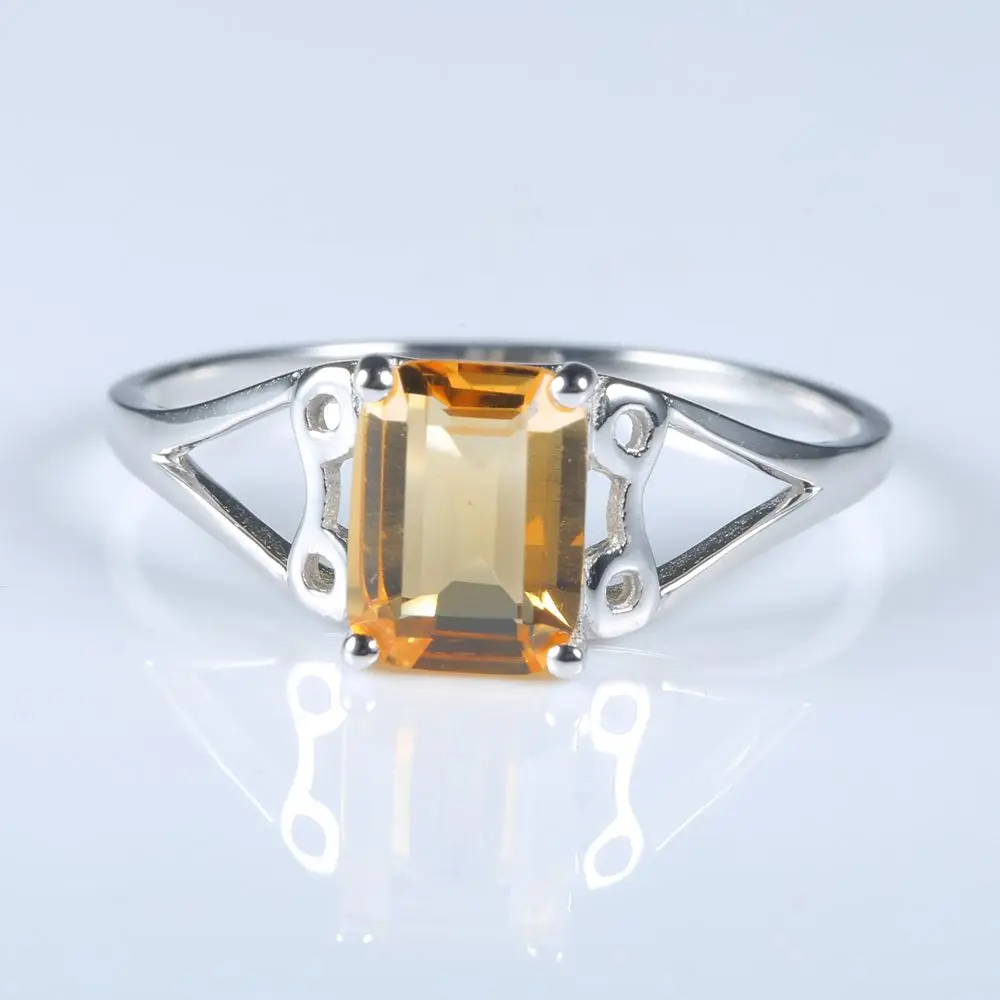 

BAIHE Solid 14k White Gold(AU585) 6x8mm Emeral Cut Natural Citrine Engagement Wedding Ring Anniversary Valentine's jewelry Ring