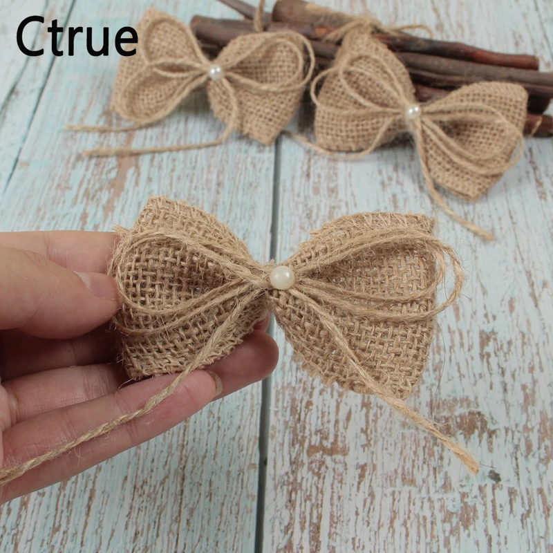 

12PCS Natural Jute Burlap Hessian Bowknot Bows Hat Accessories Craft Rustic Vintage Wedding Party Craft Christmas Centerpieces