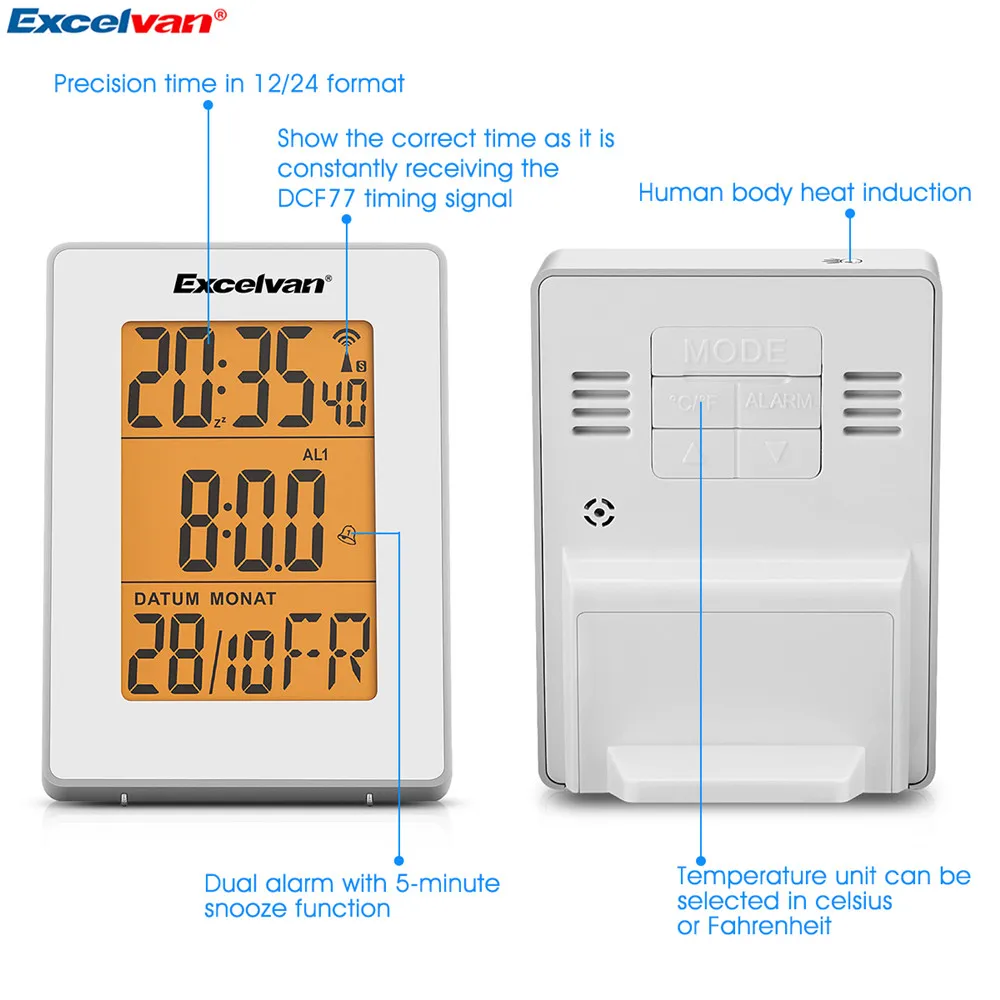 Excelvan Digital Precision Radio Controlled Alarm LCD Display in Orange Backlight Wall Moutable Desk Stand Clock Thermometer06