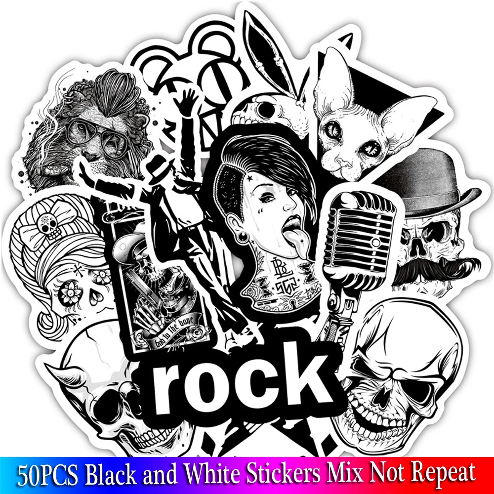 

50Pcs Punk Cool Skull Rock Sticker Black And White Stickers For Luggage Laptop Bicycle Motorcycle Laptop Toys Stickers Pack Sets