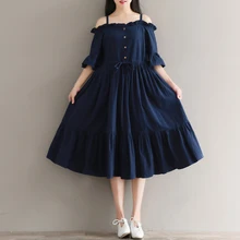 Mori Menina Doce Vestido de Algodão Ruffles 2018 Nova Moda Verão Mulheres Vestido Off-The-Ombro Vestidos de Azul Marinho Roupas soltas