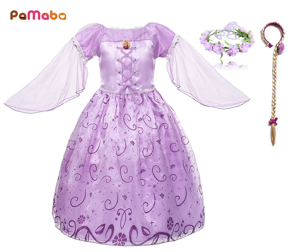 

PaMaBa Children Girls Princess Dress Tangled Rapunzel Cosplay Clothing Kids Halloween Party Clothes Puff Sleeve Birthday Costume