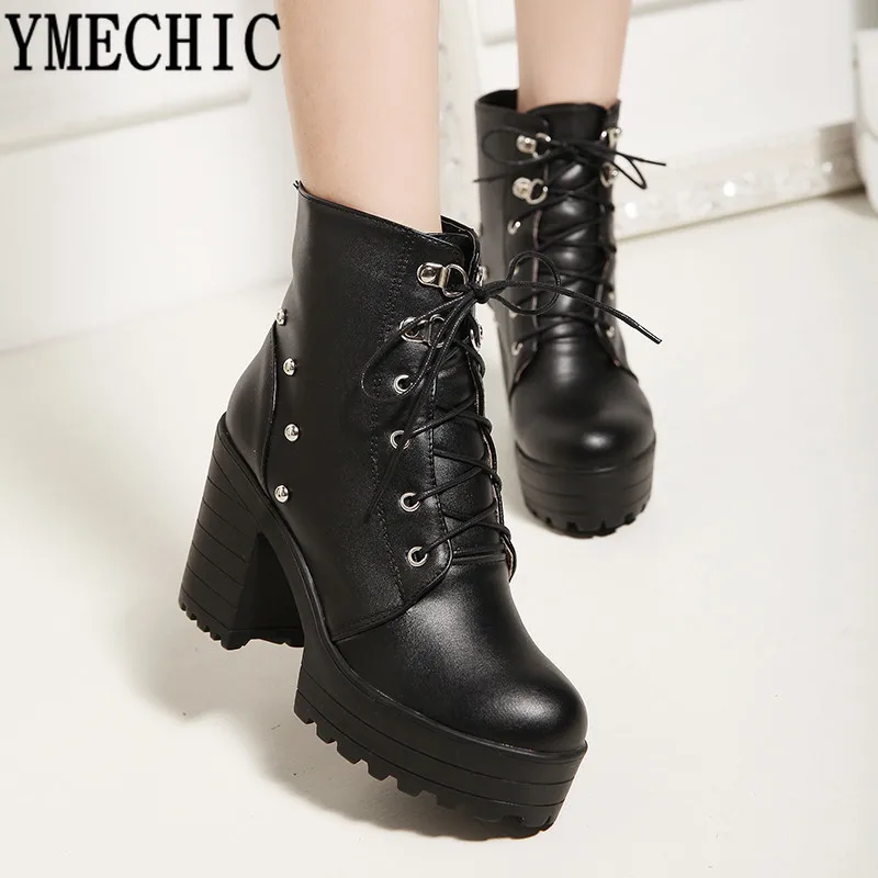 

YMECHIC Lace Up Cross Tied Platform High Heels Ankle Boots for Women White Black Blue Block Heel Shoes Punk Gothic Combat Boots