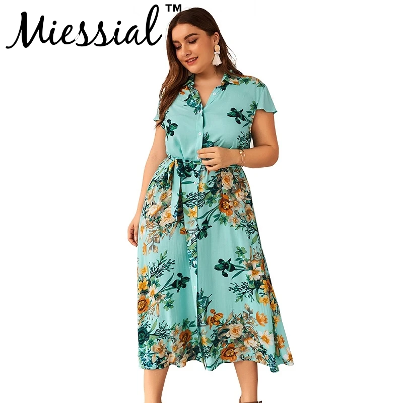 Miessial Elegant floral short ruffle sleeve dresses Women green PLUS SIZE party dress for Female winter club beach midi dress XL