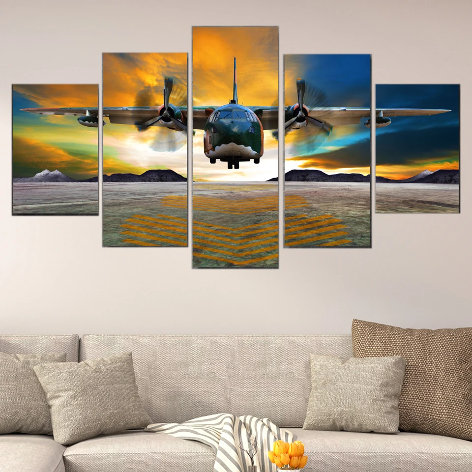 Home Decor HD Prints Canvas Poster Framework 5 Pieces Airplane Fly Sunset Painting Jet Aircraft Picture For Living Room Wall Art | Дом и сад
