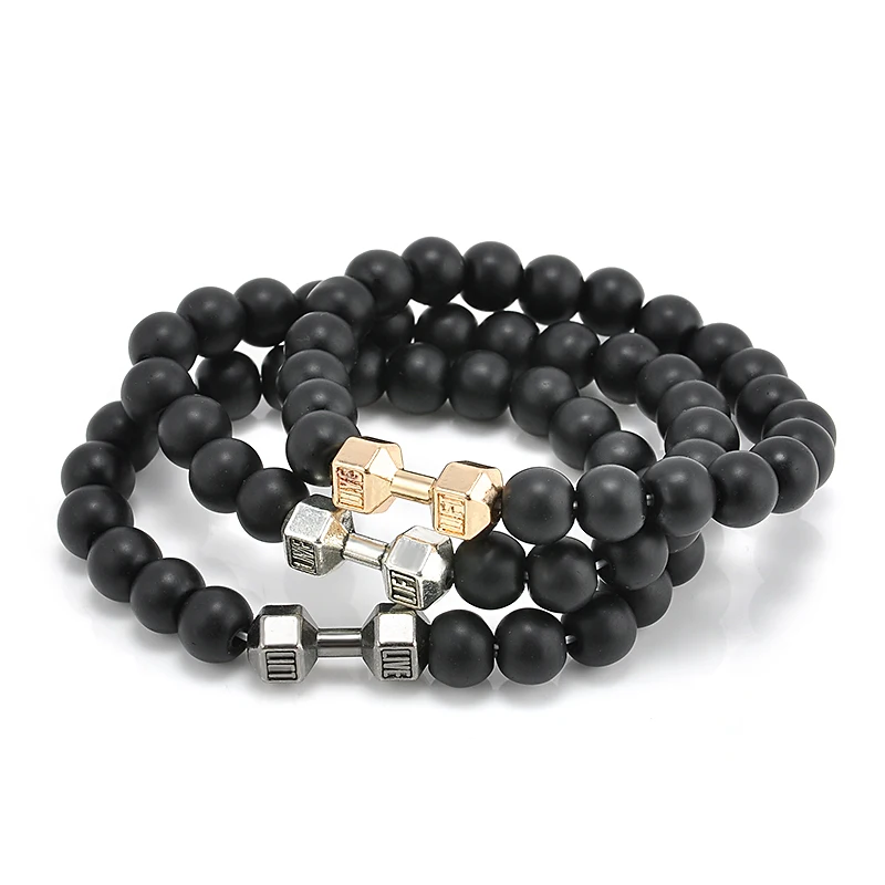 

Elastic Black Matte Stone Bracelet Jewelry Of Women Metal Dumbbell Bracelets Men Bracelets