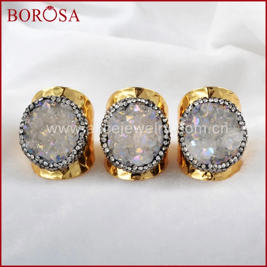 

BOROSA Druzy Stone Gold Band Ring Round Natural Stone Titanium AB Druzy Geode Ring With Zircon Drusy Jewelry JAB128