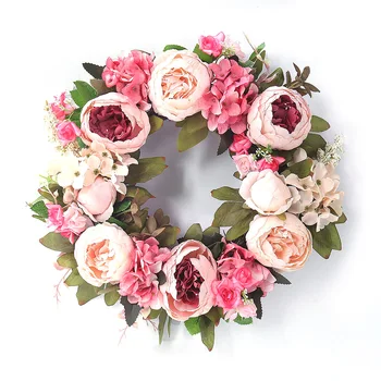 

Artificial Peony Flower Wreath for Home Garden Door Window Hanging Flower Garland with Green Leaves Party Wedding Decoration