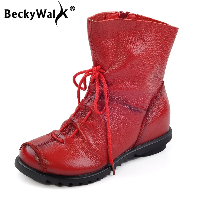 

BeckyWalk Black Red Leisure Women Martin Boots Flat Genuine Leather Ankle Boots Winter Shoes Women Plush Snow Boots WSH2962