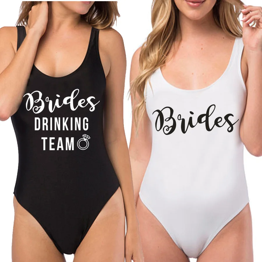 

Solid Swimwears Women One Piece Swimsuit BRIDE Drinking Team Print Bodysuit Bachelor Party Bikini Fun Bathingsuit Female