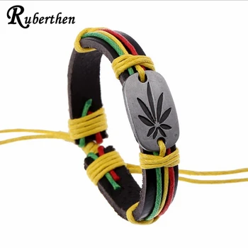 

Ruberthen 2017 Design Jamaica Style Punk Bracelet Hiphop Dance Leather Bracelet Colorful Cotton Rope Bracelet Drop Shipping