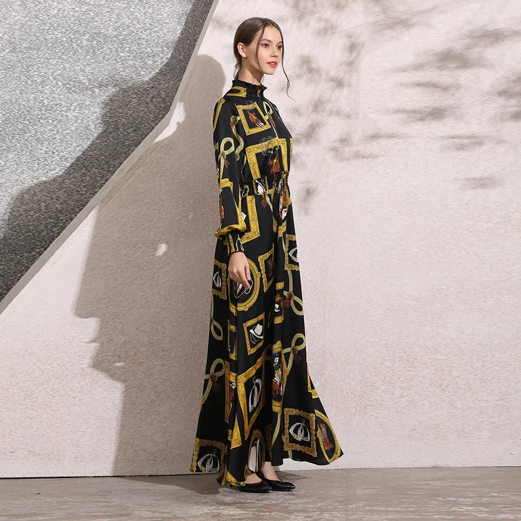 Abaya Платье женское мусульманское новое простое Ретро Печать узкие с эластичным поясом шелковое платье длинное платье 2019