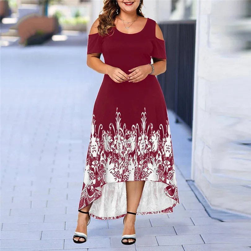2019 New Summer Women Casual Plus Size Print Dress O-Neck Print Off-Shoulder Short Sleeve Waist Dress #E11 (20)