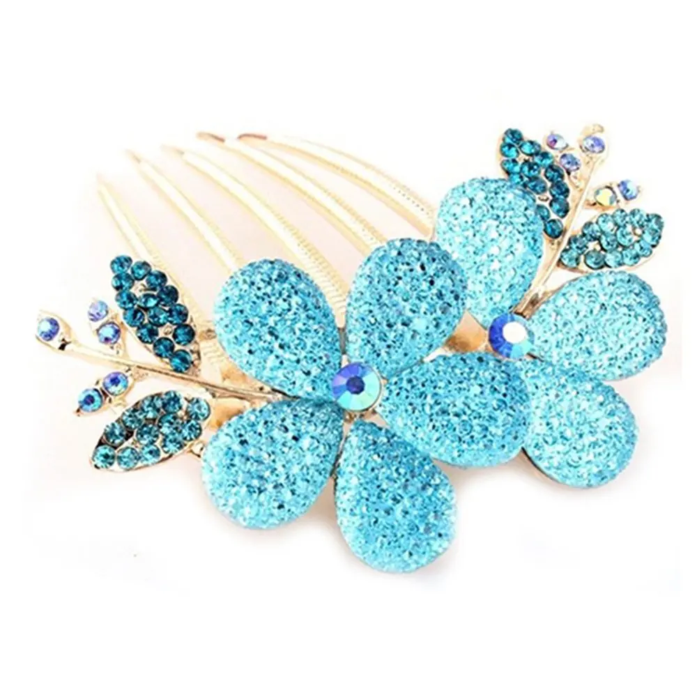 

Womens Floral Design Alloy Rhinestone Crystal Hair Clip Comb (Blue)