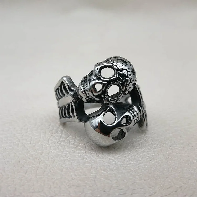 Woolegogo Retro Titanium Steel Cooked Black Polished Skull Ring Punk Personalized Carving Men's Rings Decoration Accessories