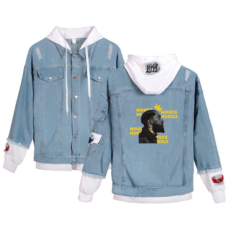 

New fashion Pullovers Nipsey Hussle Denim Jean Stitching Jacket Coat Harajuku jeans hoodies wear Clothes Nipsey Hussle Hoodies