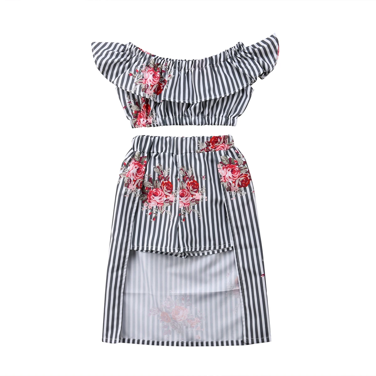 

Summer Kids Baby Girls Off-shoulder Clothes Floral Striped Tops+ Irregular Skirt Outfits Chlidren Costume