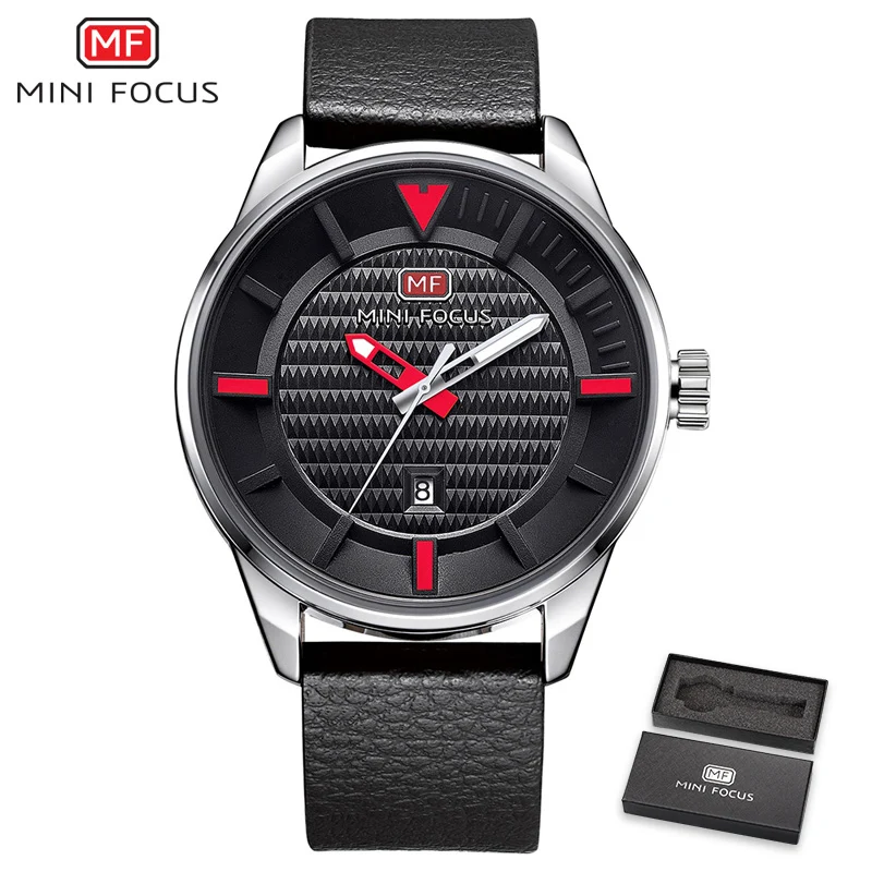 

MINIFOCUS Fashion Watch Men Quartz Clock Genuine Leather Strap Red Code Date Display Cool Casual Waterproof Wrist Watches + BOX