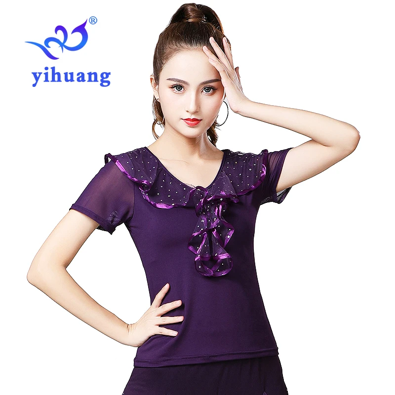 Women Tango Ballroom Tops Waltz Standard Modern Dancing Blouses Performance Wear Top for Foxtrot Quickstep Dance Short Sleeves