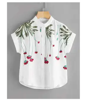 

2019 Fashion Women Stand Neck Batwing Sleeve Casual Tops Embroidered Summer Shirt Chiffon Button Blouse