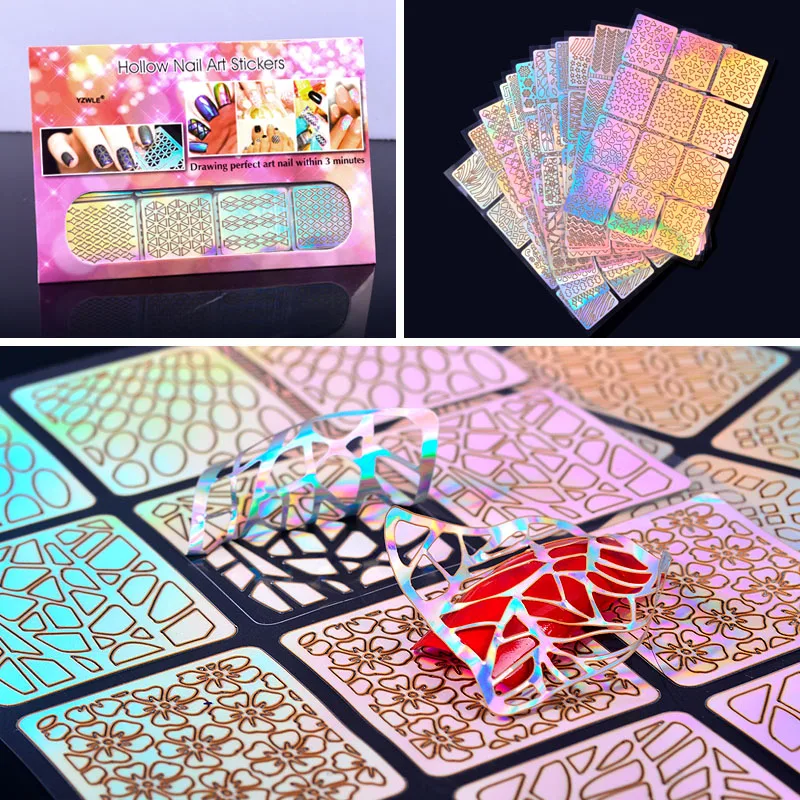 12 Sheets Nail Vinyls Laser Hollow Stencil Stickers Transfer Guide Template Heart Star Fish Manicure Art Decoration | Красота и