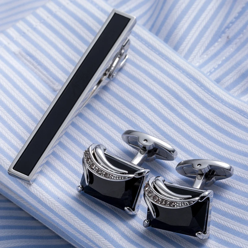 

Vagula New Style Fashion Black Square Zircon Cuff link&Tie Clip Set Round Silver- color Men's Cuff link French Shirt Cufflink 21