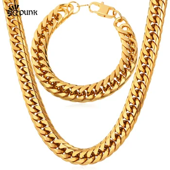 

American Style Men Heavy Cool Jewelry Set 316L Stainless Steel Gold color Punk Fashion Necklace Bracelet Sets Hip Hop S532