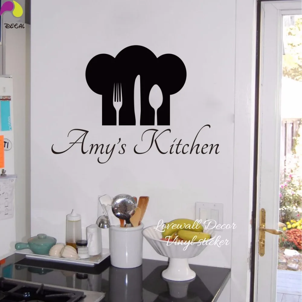 Personalized Name & Chef Hat Utensils Kitchen Wall Sticker Cuision Cook Dining room Custom Name Decal Vinyl Home Decor