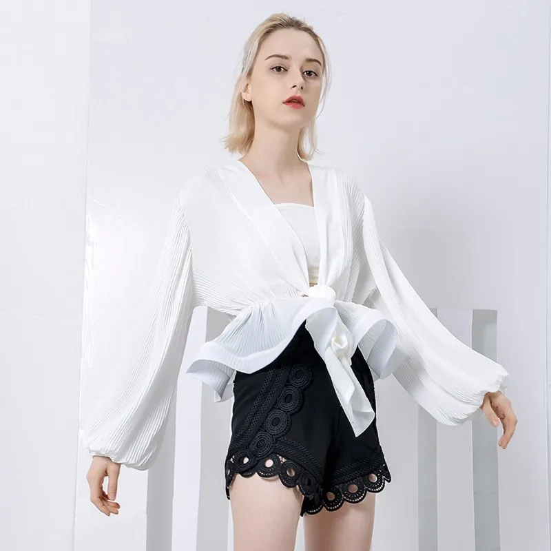 TWOTWINSTYLE белая шифоновая рубашка для женщин с рюшами на шнуровке пышным длинным