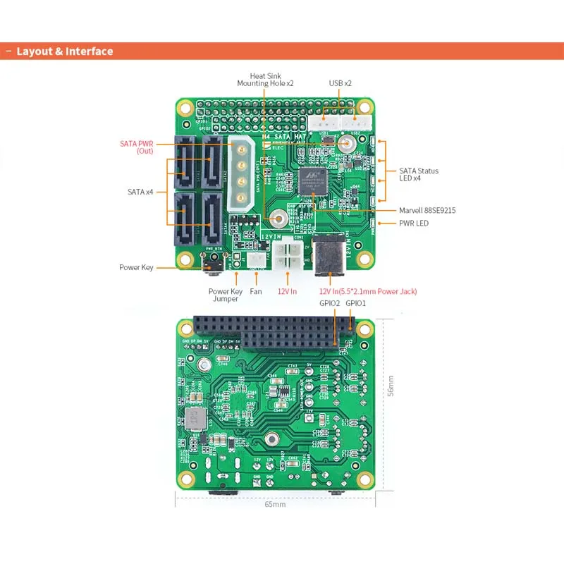 NanoPi M4 4x SATA HAT Поддержка 6 Гбит/с/3 Гбит/с/1,5 Гбит/с интегрированный разъем питания