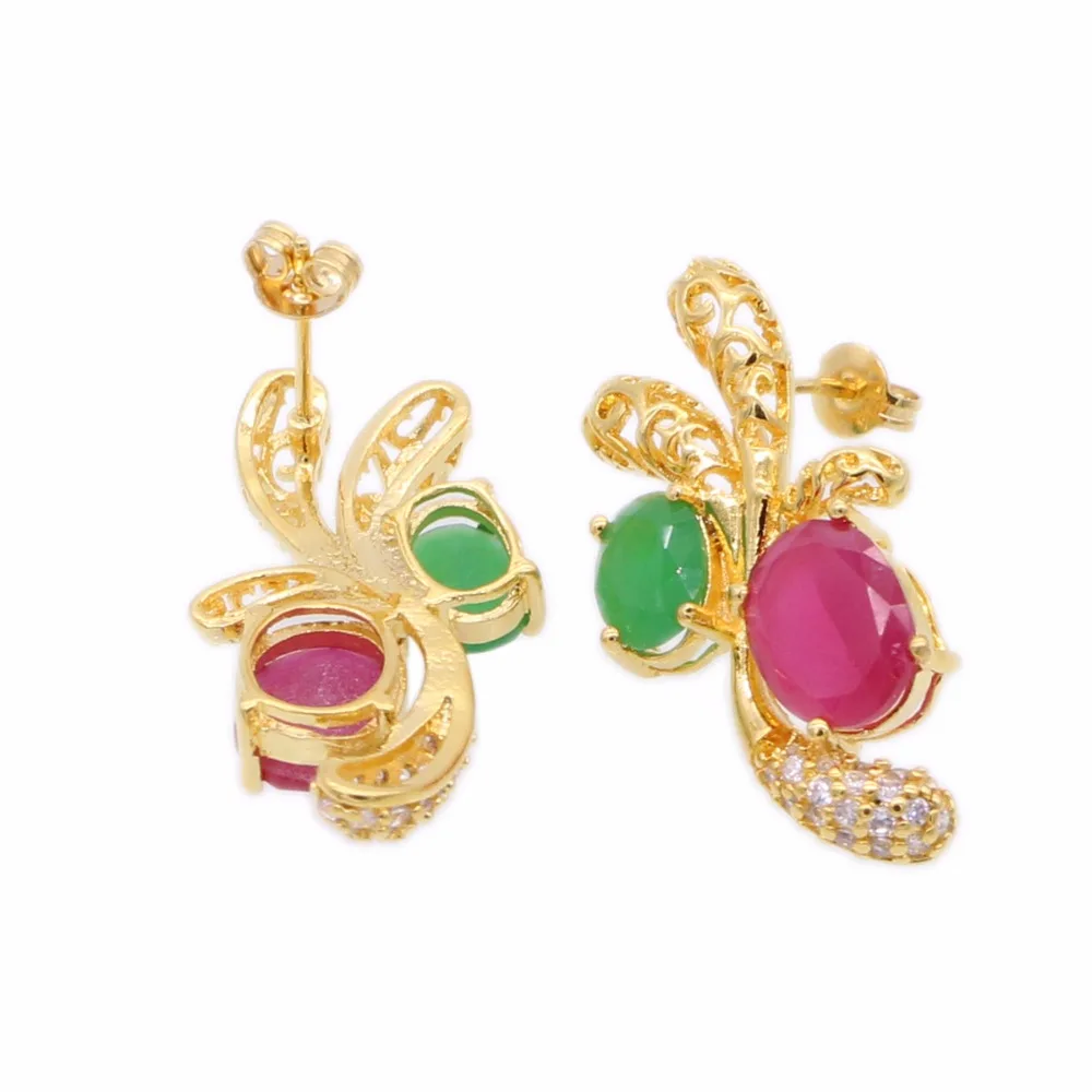 JINYAO Роскошный зеленый и красный камень AAA циркон золото Цвет Ожерелье Комплект сережек для женщин Свадебные аксессуары ювелирные изделия