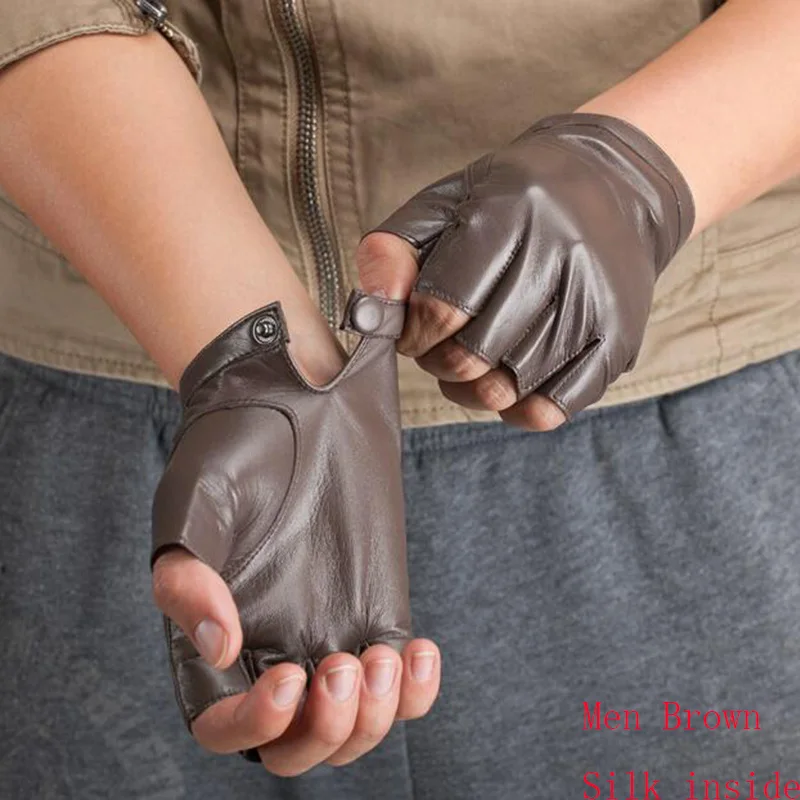 Новые модные высококачественные мягкие женские и мужские перчатки из натуральной кожи, мотоциклетные перчатки без пальцев, тактические перчатки из овчины S74 - Цвет: Men Brown Silk