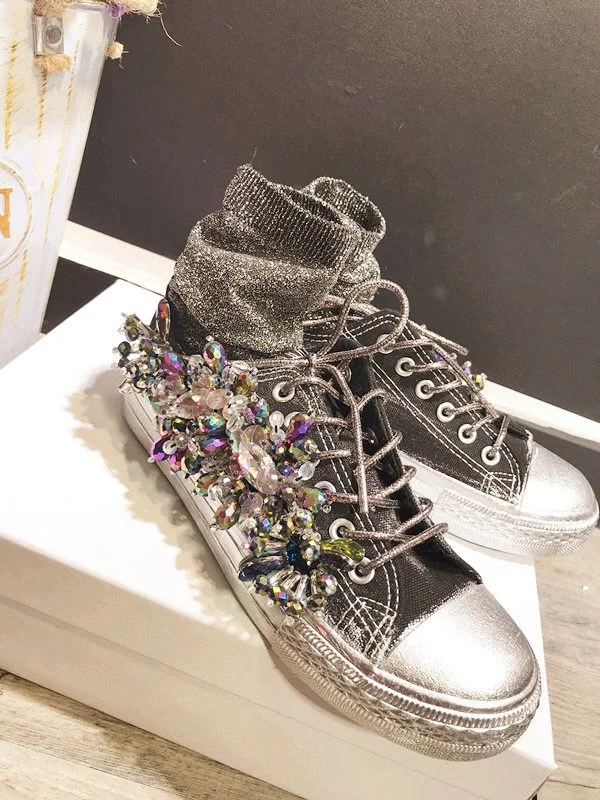 Женская парусиновая обувь со стразами ручной работы с трехмерными блестками креативные модные кроссовки женская повседневная обувь WK101 - Цвет: Metal black