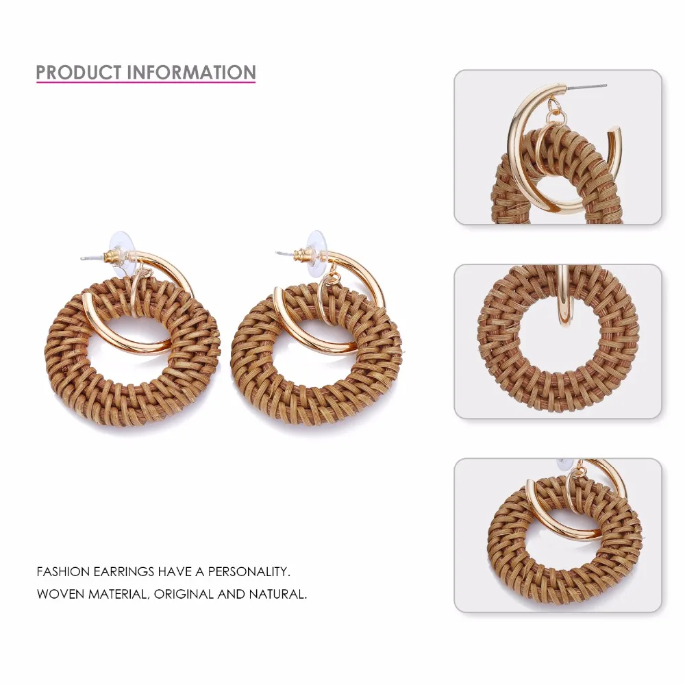 e-Manco Rattan Braid Drop Earrings For Women Vine Knit Round Circle Dangle Earrings Weaving Hand Made femme Fashion Jewelry