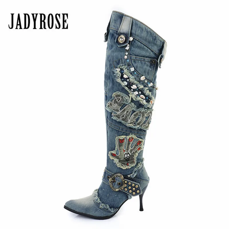 Jady Rose/Новинка года; женские джинсовые сапоги; сапоги до колена на высоком каблуке; зимние Утепленные джинсы с заклепками и бусинами; Botas Mujer; женские резиновые сапоги