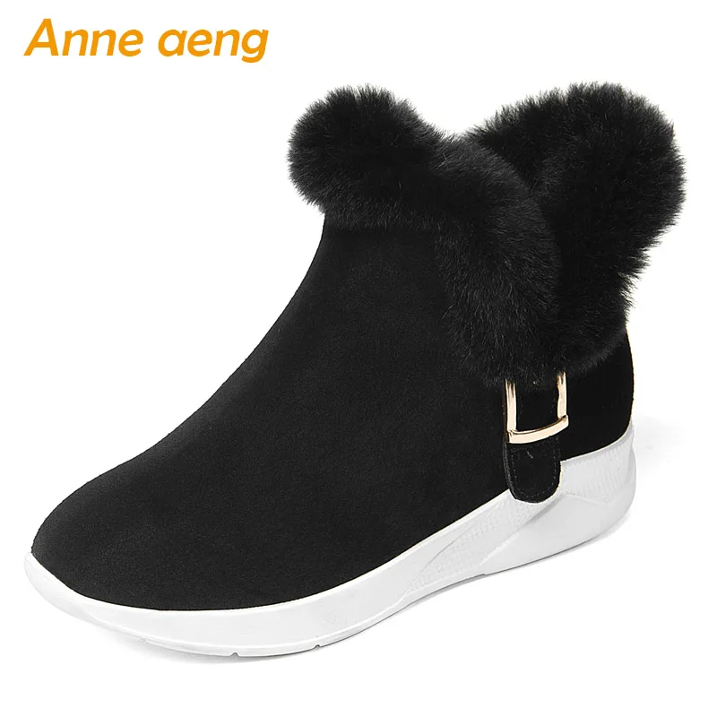 

2018 New Winter Women Cow Suede Snow Boots Middle Heel Round Toe Rabbit Fur Zipper Sexy Ladies Women Shoes Black Ankle Boots