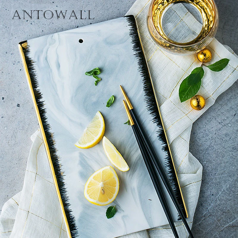 

ANTOWALL Nordic Luxury Gold Plated Marbled Flat Plate Ceramic Cheese Cake Plate Sushi Fruit Plate High-end Restaurant Tray