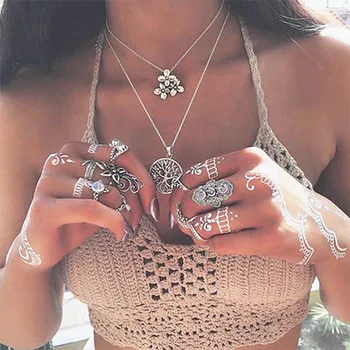 

Bohemian Multilayer Flower tree Pendant Necklace For Women Vintage Silver Party Charms Choker Necklace Collar Jewelry Gift