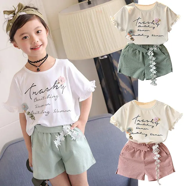 Summer Girls Clothing Set Child Sleeveless Floral T-shirt Top + Solid Color Shorts 2PCS Fashion Cotton Baby Girl Clothes Set 6