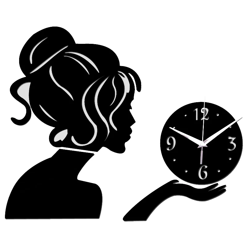 Fashion 3D wall clocks home decor Crystal mirror girl clock sticker