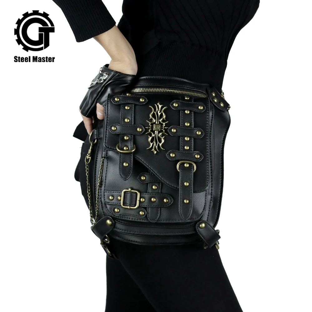 

Vintage Rivet Retro Leg Bags Men Women Punk Gothic Waist Bag Fashion Black Crossbody Shoulder Bag Steampunk Leather Bag 2017 New