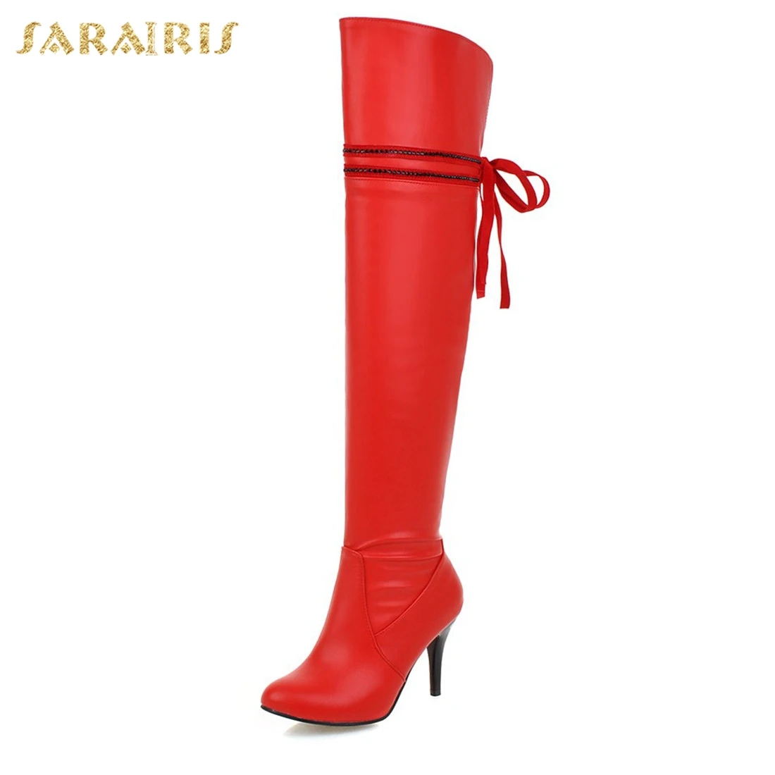 SARAIRIS/Новые Большие размеры 32-50 на молнии Тонкий Высокий каблук Сапоги до колена женская обувь Лидер продаж вечерние Свадебная обувь Женская обувь; Большие размеры 34–43 - Цвет: Красный