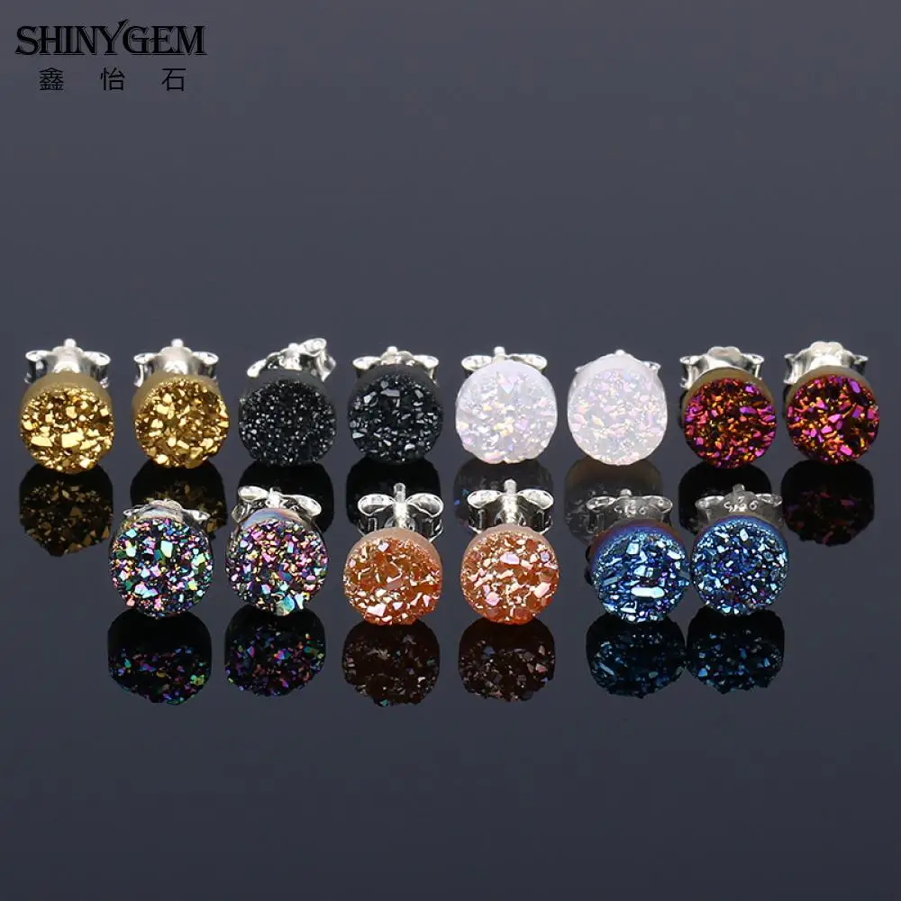 Серьги SHINYGEM 6 мм, круглые сверкающие серьги Druzy, 925 пробы, серебряные серьги-гвоздики, милые серьги с кристаллами, камень, натуральный камень, серьги для женщин