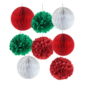 

Set of 8 Christmas Hanging Decorations Red/Green/White Tissue Paper Honeycomb Balls Pom Pom Set Christmas Tree Ornaments Decor