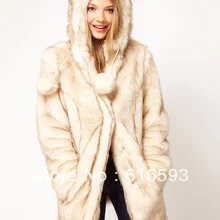 0718004 Для женщин 2013 зима драгоценные двойной Кепки обыграв двухцветный медведь уши с капюшоном искусственного пушистый длинное пальто бежевый
