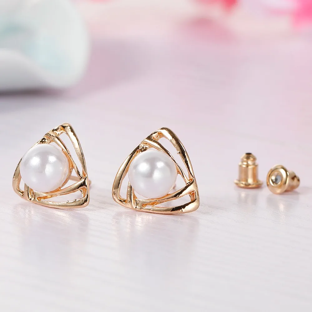 

Doreen Box Fashion Earrings Ear Studs Triangle Silver Tone / Gold color White Imitation Pearl W/Stoppers 15mm x 14mm, 1 Pair
