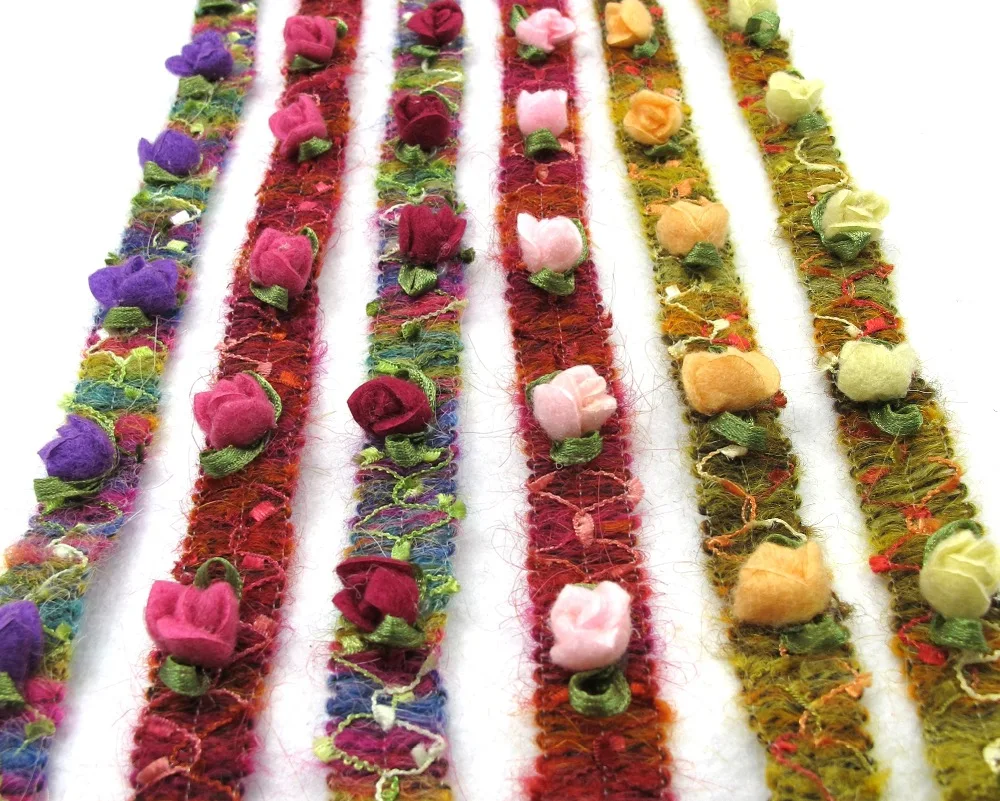 

16mm Acrylic Flowers with Green Leaf Loop Sewn onto Embroidered Woven Ribbon|Sewing|Quilting|Craft Supplies|Hair Accessories