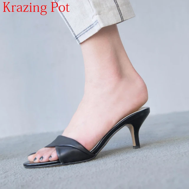 2018 New Arrival Sheep Leather Full Grain Leather Peep Toe Slipper Slingback High Heels Women Sandals Concise Summer Mules L00