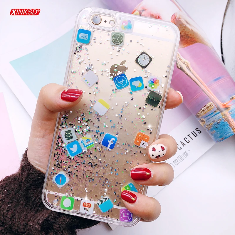 

Cute amusing Mobile apps Icon pattern Case For iphone 6 6s 7 8 plus clear Glitter Quicksand Case for iphone X XR XS MAX case
