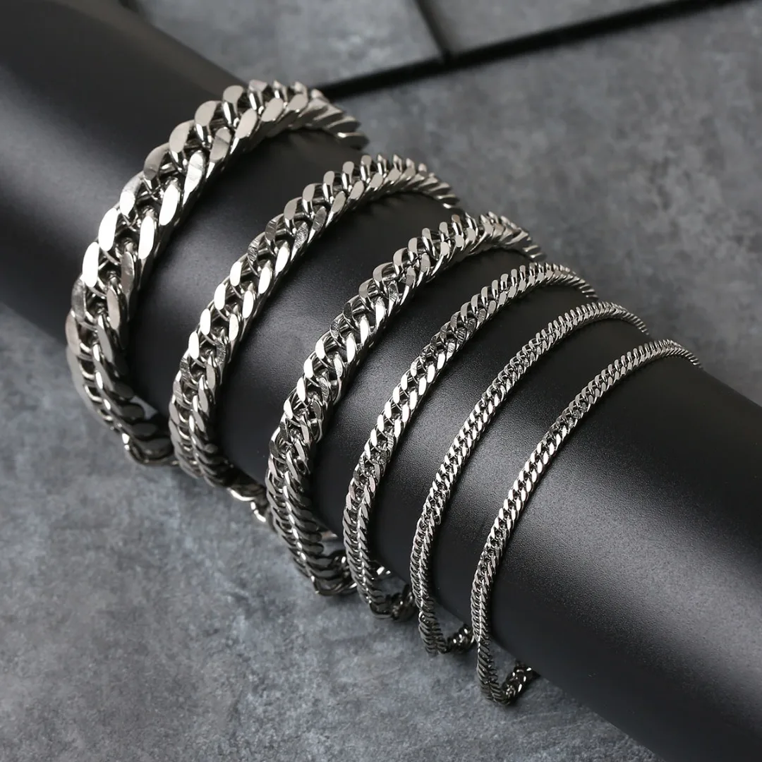 Classic Vintage Stainless Steel Bracelet Hip Hop Stylish Silver Color 6 Size Hand Chain Punk Rock Jewelry Accessories For Men